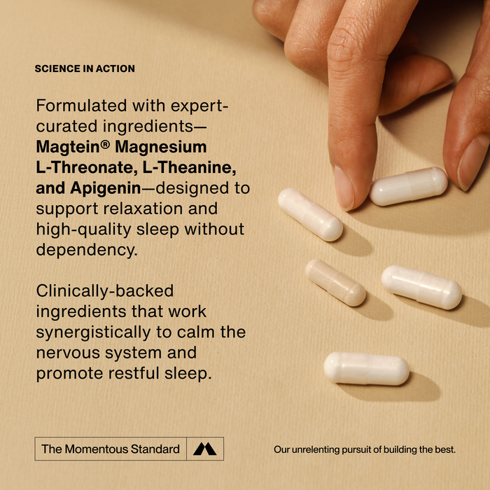 Hand placing white capsules on tan background with text describing Magnesium L-Threonate, L-Theanine, and Apigenin for relaxation and restful sleep.