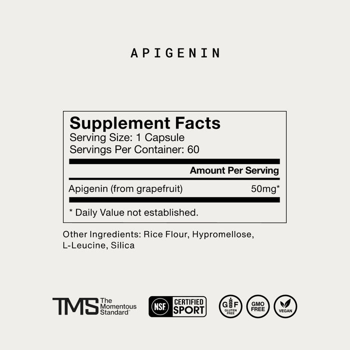 “Supplement facts label for Apigenin showing serving size 1 capsule, 60 servings per container, and 50 mg of apigenin (from grapefruit) per serving. Daily value not established. Other ingredients include rice flour, hypromellose, L-leucine, and silica. Includes certifications: The Momentous Standard (TMS), NSF Certified Sport, gluten free, GMO free, and vegan.”