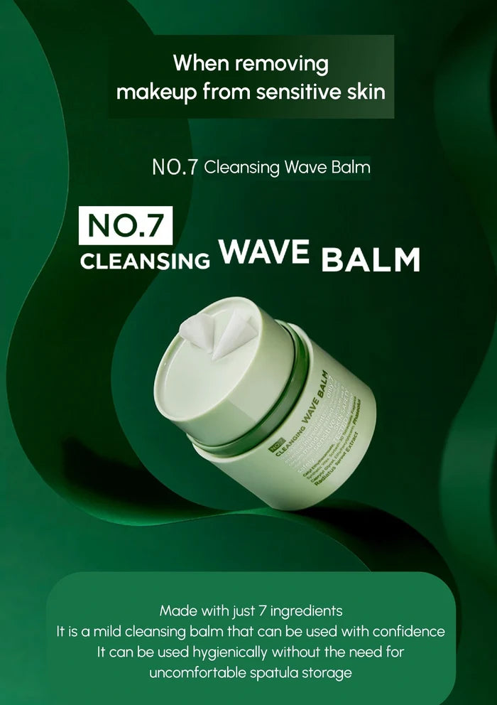 No.7 Cleansing Wave Balm on a green background with product details.