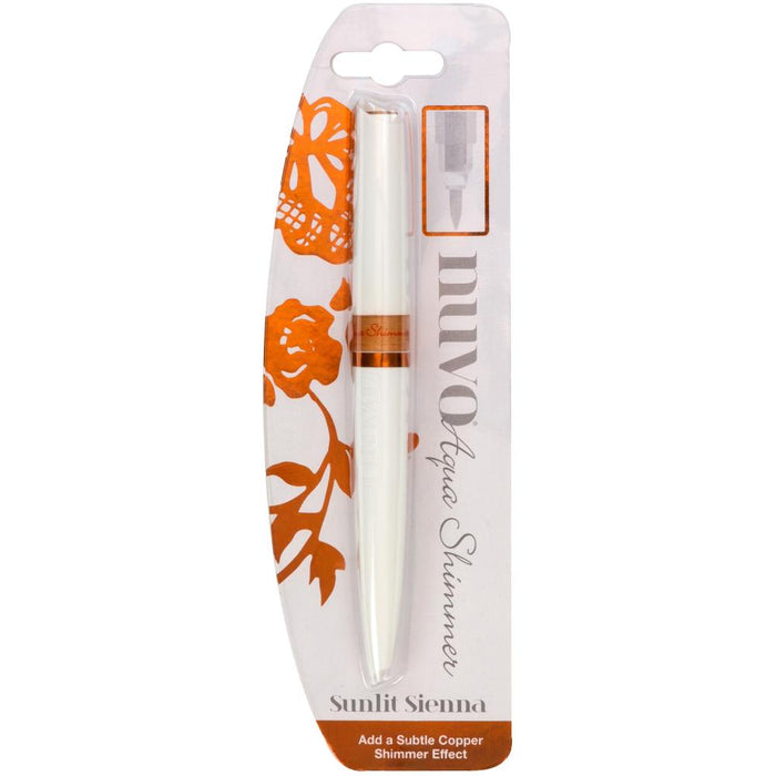 Nuvo - Aqua Shimmer Pen - Choose from a Variety. Nuvo Aqua pens are uniquely designed to create a glitter effect to existing images and media. The perfectly formed brush nib makes the pens extremely versatile and is perfect for adding small glittery detail or making large shimmering areas. This package contains one 6.25 inch long shimmer pen. Imported.  Available: Blush Rosette, Opal Quartz, Sunlit Sienna, Midas Touch. Available at Embellish Away located in Bowmanville Ontario Canada.