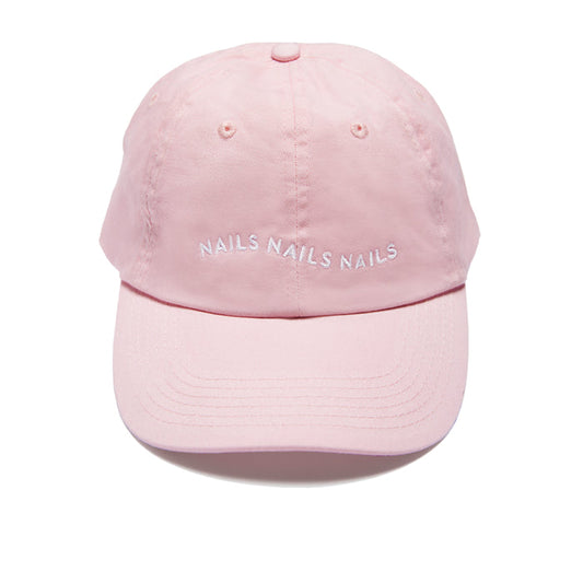 O&J Nails Hat in soft pink cotton twill with embroidered Nails Nails Nails text and adjustable strap closure