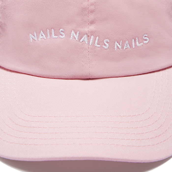 O&J Nails Hat in pink cotton twill with embroidered Nails Nails Nails text on front and adjustable strap closure