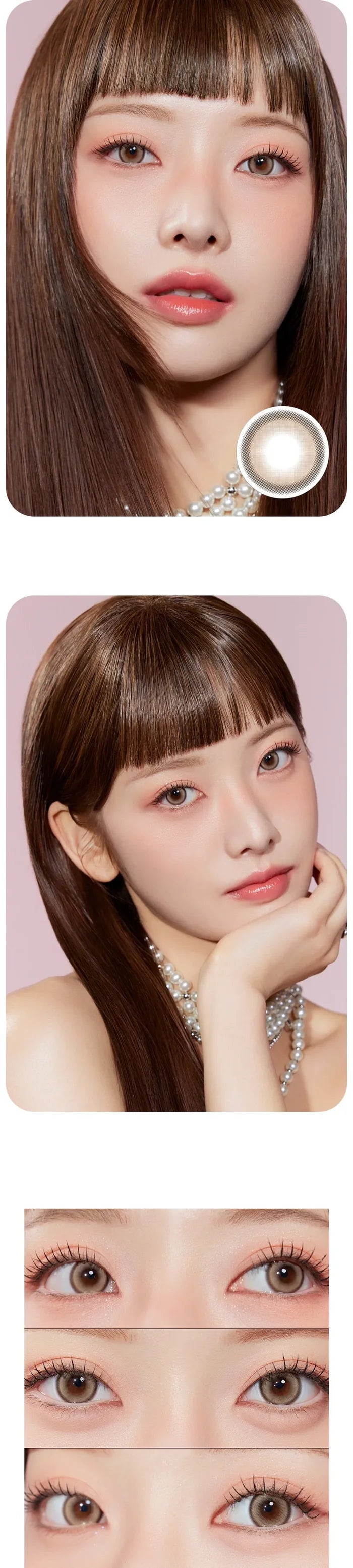 A young woman with long brown hair and bangs wears natural makeup and Olola Glint 1-Day Brown (10pk) circle lenses for radiant, subtle eyes. Close-ups showcase the brown contacts, her soft pink eyeshadow, glossy lips, and long lashes.