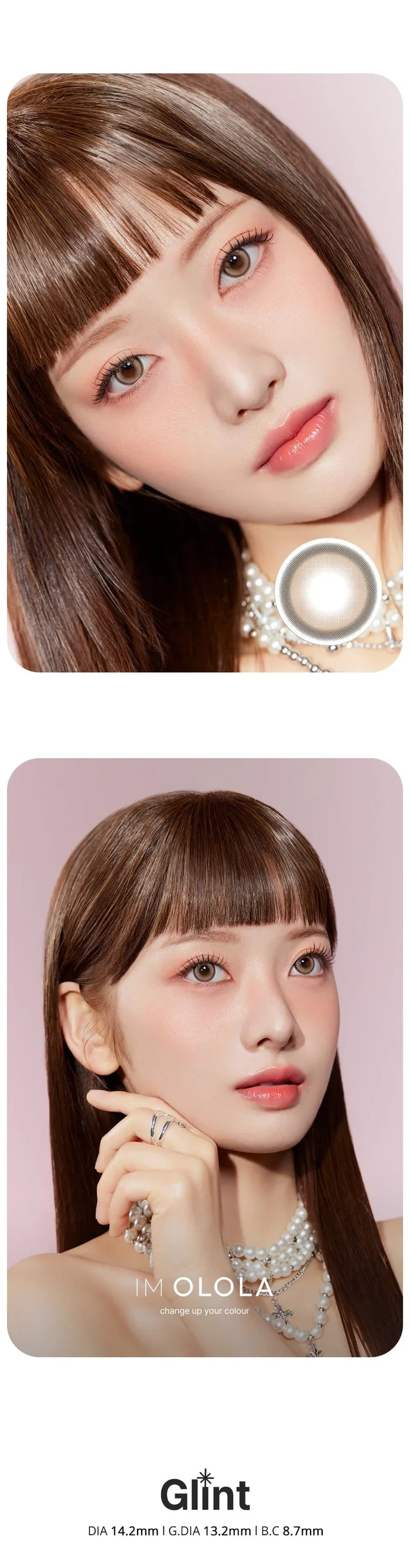 A woman with straight brown hair and bangs wears Olola Glint 1-Day Brown (10pk) lenses by Olola, pink makeup, pearl jewelry, and a white top, posing against a pale pink background. The word “Gift” appears at the bottom.