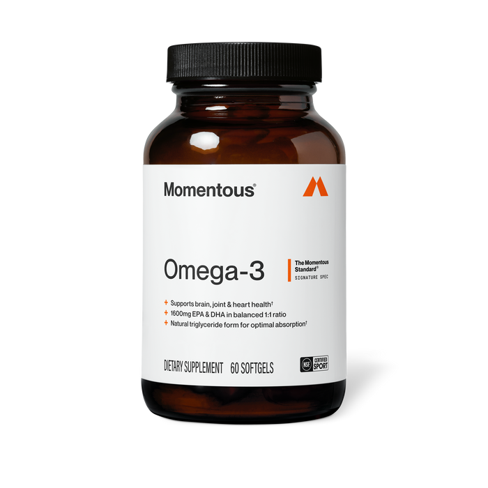 Momentous Omega-3 — Supports brain, joint & heart health, 1600mg EPA & DHA in balanced 1:1 ratio, natural triglyceride form for optimal absorption. Dietary Supplement, 60 Softgels. NSF Certified Sport, The Momentous Standard Signature Spec.