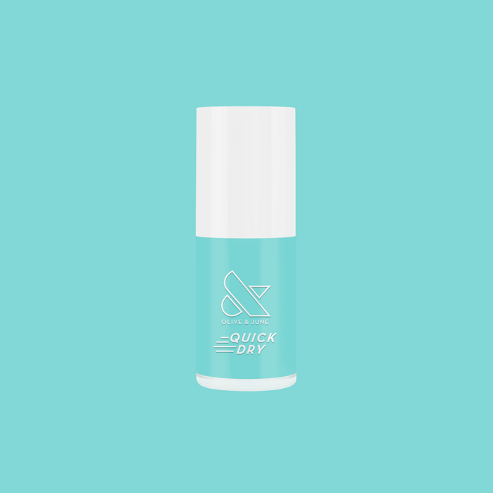 Bottle of Parakeet quick dry gel polish by Olive and June on turquoise background