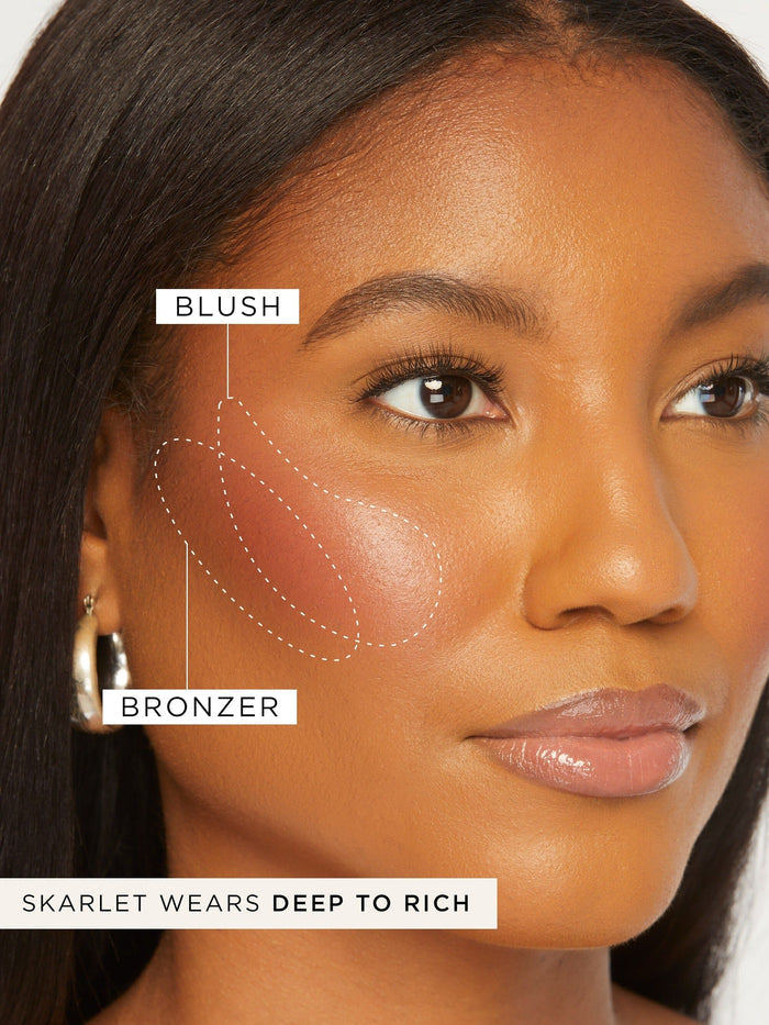 A woman's face shows blush and bronzer application, highlighted with dotted lines; she's wearing hoop earrings. Text: BLUSH, BRONZER, SKARLET WEARS DEEP TO RICH.