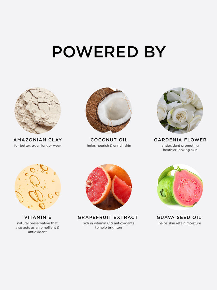Natural ingredients are highlighted with images and benefits: Amazonian clay for long wear, coconut oil for nourishment, gardenia flower for antioxidants, vitamin E for preservation, grapefruit extract for brightening, and guava seed oil for moisture.