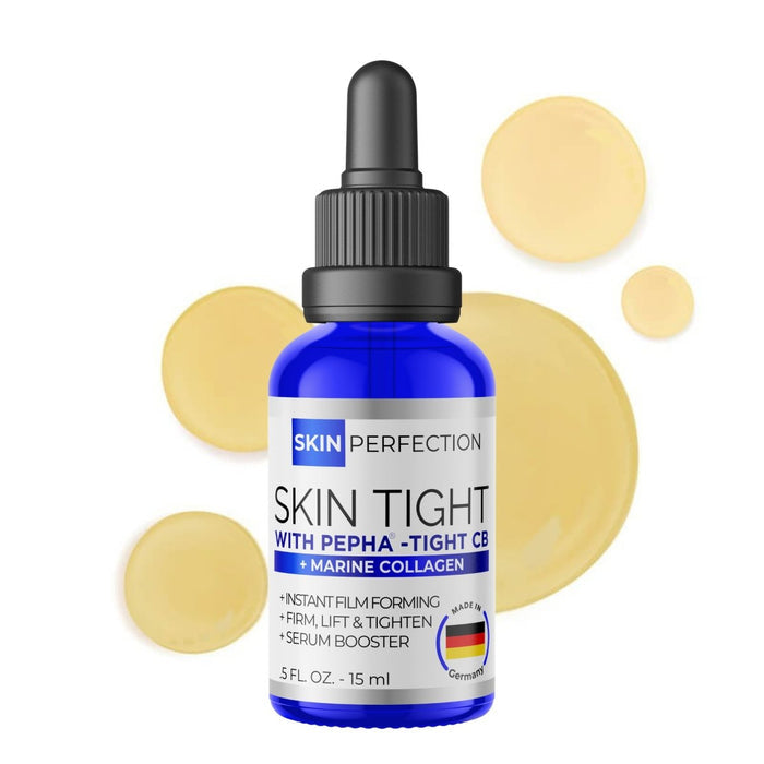 Bottle of Skin Perfection Skin Tight serum with dropper on a white background with caramel yellow droplets