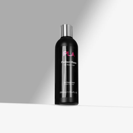 Perfect Base 250ml Black bottle with silver cap labeled 'PLA' on a gray background