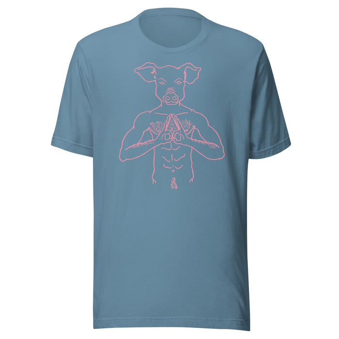 brian kenny zen pig graphic on steel blue t-shirt