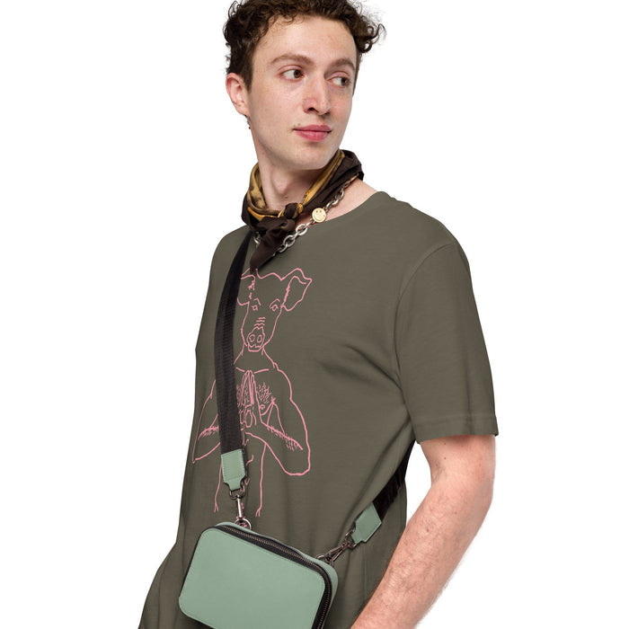brian kenny zen pig graphic on army t-shirt on model