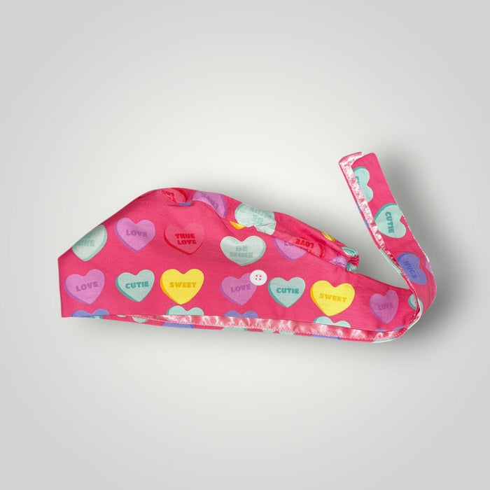 Pink Candy Hearts Satin - Lined Tie Back Scrub Caps - Nursecaresuites - Online Healthcare BoutiqueScrub CapAdjustable Scrub CapAdjustable Tie Backaesthetic healthcare worker
