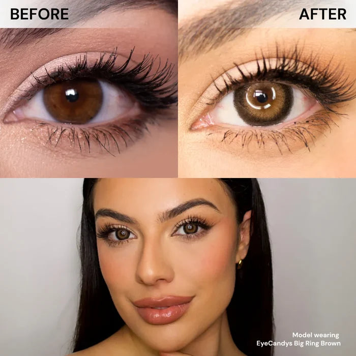 Split image of a brown eye before and after wearing EyeCandys Pink Label Big Ring Brown lenses—eyes look brighter and bigger. Below, a woman with enhanced, doll-like eyes and makeup. Text: "Big Ring Brown Circle Lenses.