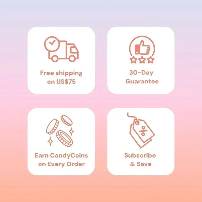 Infographic for EyeCandys Pink Label Big Ring Brown: delivery truck ("Free shipping on US$75"), thumbs-up ("30-Day Guarantee"), coins ("Earn CandyCoins on Every Order"), price tag ("Subscribe & Save")—perfect eye enlarging contacts.