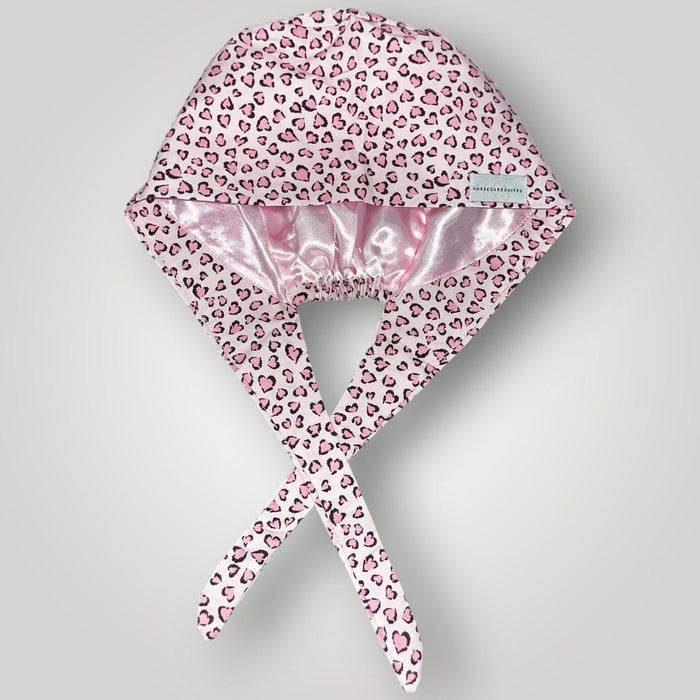 Pink Sweetheart Leopard Satin - Lined Tie Back Scrub Cap - Nursecaresuites - Online Healthcare BoutiqueScrub Capbreathable scrub capcapcute scrub caps
