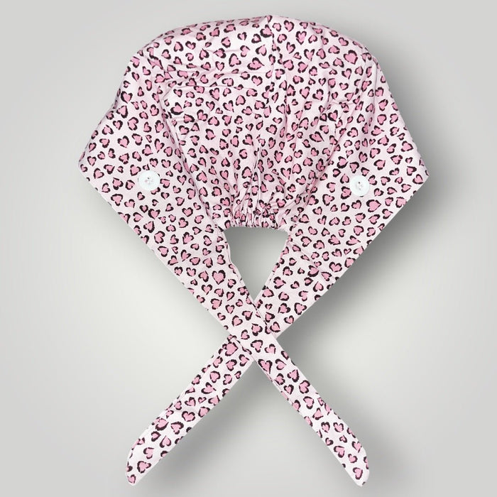 Pink Sweetheart Leopard Satin - Lined Tie Back Scrub Cap - Nursecaresuites - Online Healthcare BoutiqueScrub Capbreathable scrub capcapcute scrub caps
