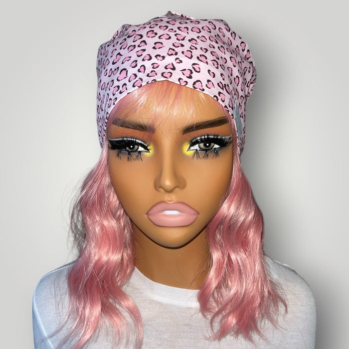 Pink Sweetheart Leopard Satin - Lined Tie Back Scrub Cap - Nursecaresuites - Online Healthcare BoutiqueScrub Capbreathable scrub capcapcute scrub caps