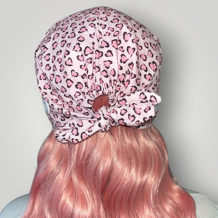 Pink Sweetheart Leopard Satin - Lined Tie Back Scrub Cap - Nursecaresuites - Online Healthcare BoutiqueScrub Capbreathable scrub capcapcute scrub caps