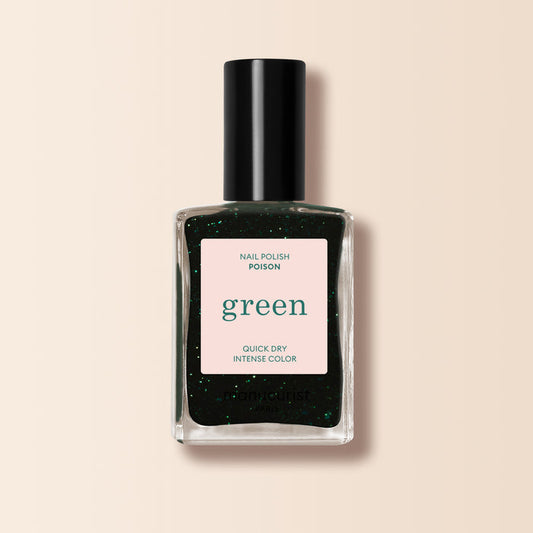 A clear, black-capped bottle of Manucurist Green™ nail polish in the shade "Poison" with “quick dry intense color” and sparkly green glitter inside, shown against a plain beige background.