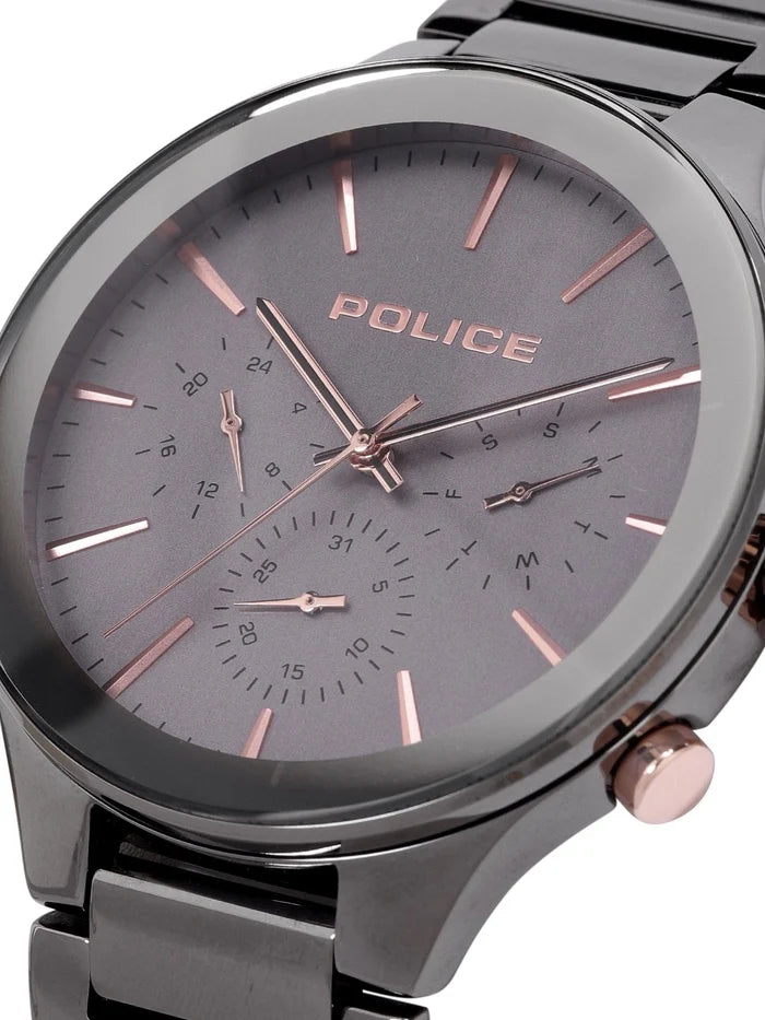 Police Round Charcoal Dial Analog Watch With Day-Date Display & Leather Strap - NEPL15936JSGY13M