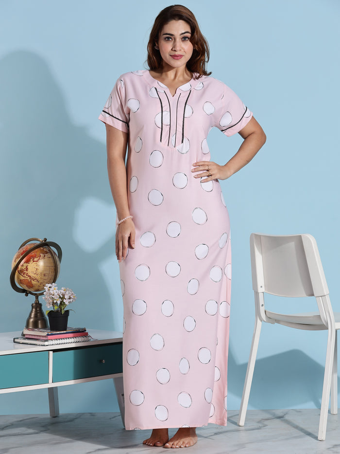 Pink Polka Dot Rayon Night dress for Women