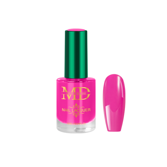 Pink nail polish bottle with green cap on a white background