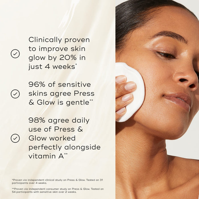 A person uses a cotton pad to apply Medik8 Press & Glow to their face against a neutral background. Text claims the product is "Clinically proven to improve skin glow by 20% in just 4 weeks*," and that "96% of sensitive skins agree Press & Glow is gentle**" and "98% agree daily use of Press & Glow worked perfectly alongside vitamin A**."