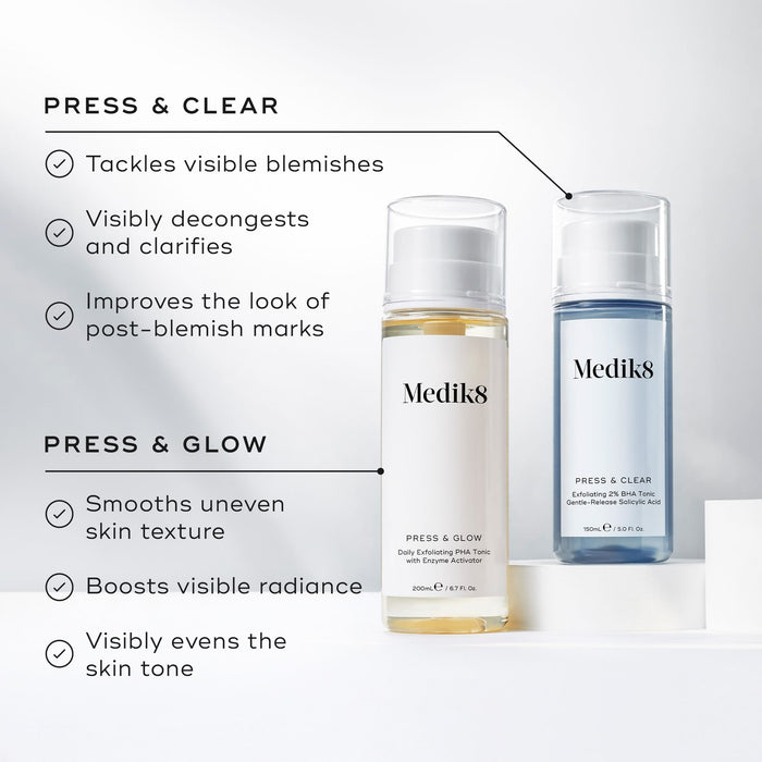 Medik8 Press & Glow and Press & Clear tonic bottles stand on white pedestals against a clean, bright background. Text lists benefits for "PRESS & CLEAR" as tackling visible blemishes, decongesting, and clarifying. Benefits for "PRESS & GLOW" include smoothing uneven skin texture, boosting visible radiance, and visibly evening skin tone.
