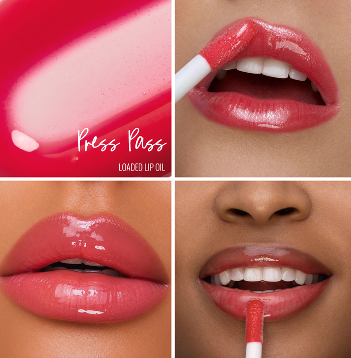 Close-up lip images on 3 different skin tones, plus a color swatch of Runway Rogue Loaded Lip Oil in the shade 'Press Pass'