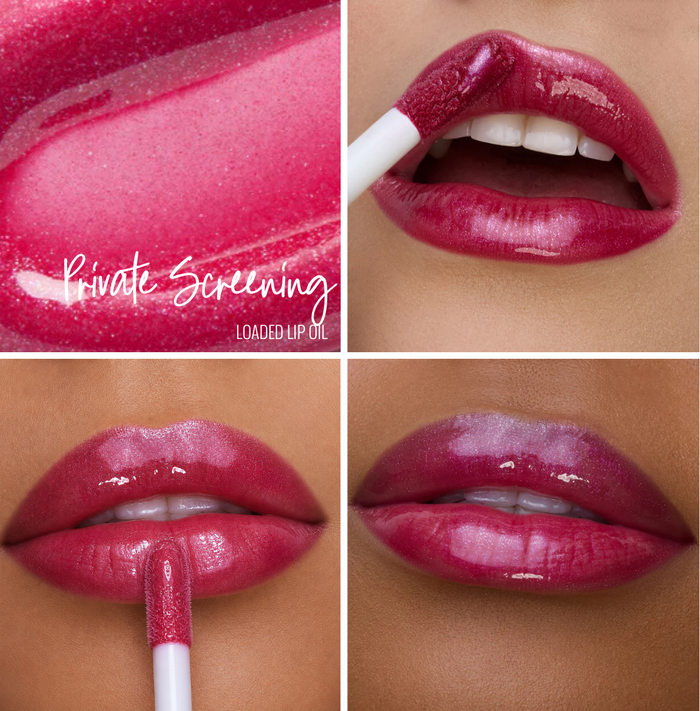 Collage of lip close-ups on 3 different skin tones, plus a color swatch of Runway Rogue Loaded Lip Oil in the shade 'Private Screening'