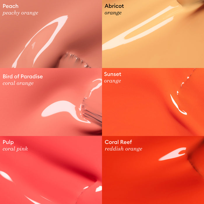 Six close-up swatches of glossy orange and coral nail polish from Manucurist—including Pulp, a vibrant shade—each labeled Peach, Apricot, Bird of Paradise, Sunset, Pulp, and Coral Reef with color descriptions.