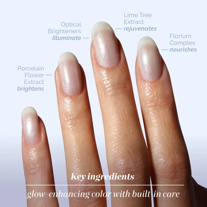 A hand with four manicured nails is shown, each labeled with a key ingredient in the LONDONTOWN Quartz Illuminating Nail Concealer: optical brighteners, lime tree extract, Florium complex, and porcelain flower extract for an ethereal look.