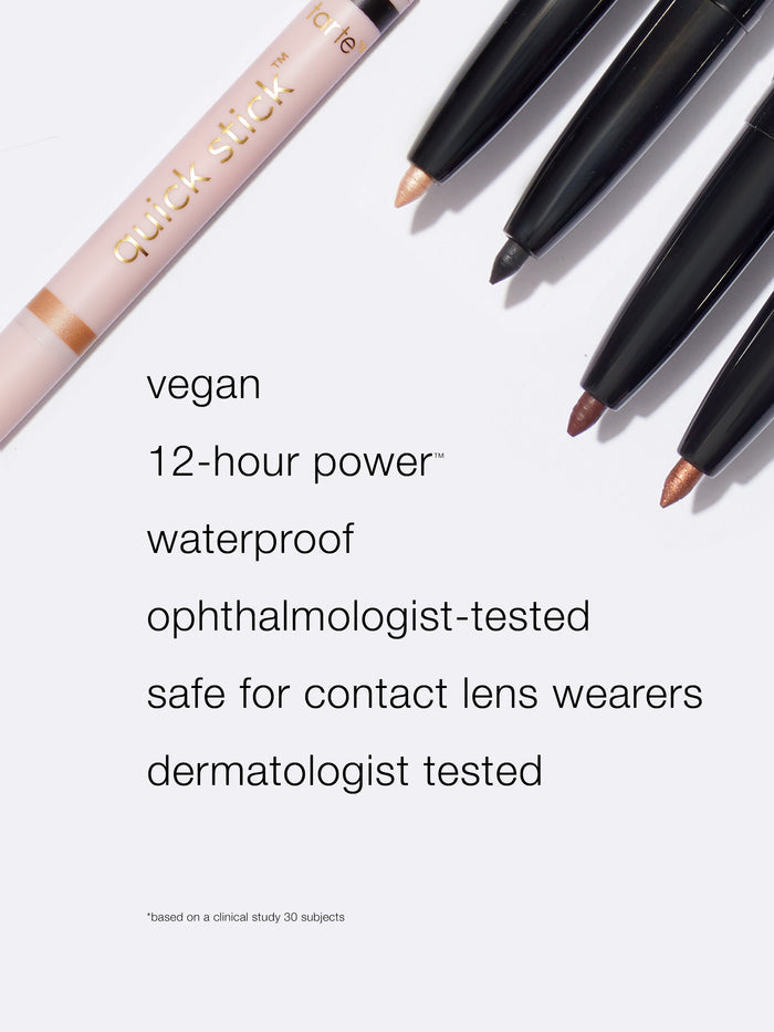 Makeup products with text highlighting features on a white background