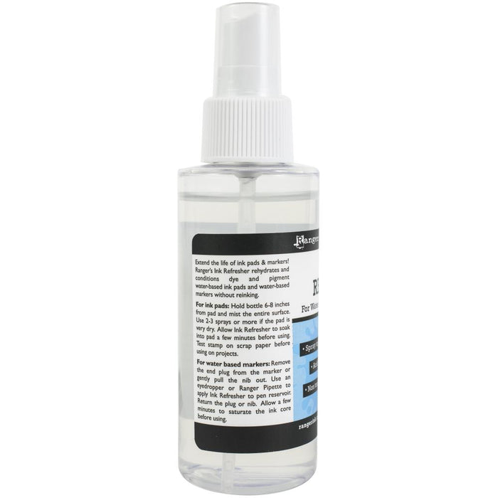 Ranger - Ink Refresher Spray - 4oz. Rehydrates ink pads and water-base markers. This package contains one 4oz spray bottle of ink refresher spray. Non-toxic. Acid free. Made in USA. Available at Embellish Away located in Bowmanville Ontario Canada.