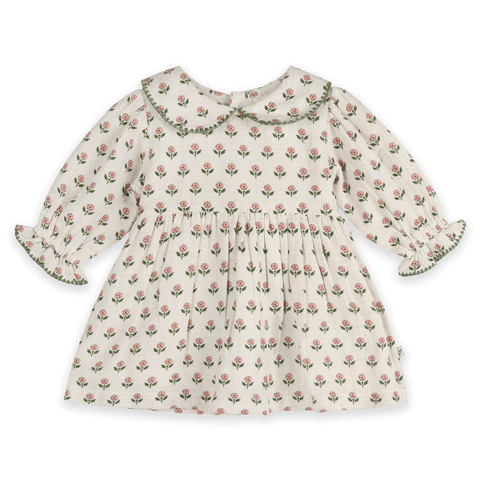 Rosamund Block Print Floral Baby Dress & Bloomer Set (Organic Cotton) - Front