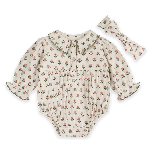 Rosamund Block Print Floral Baby Romper & Headband Set (Organic Cotton) - Outfit
