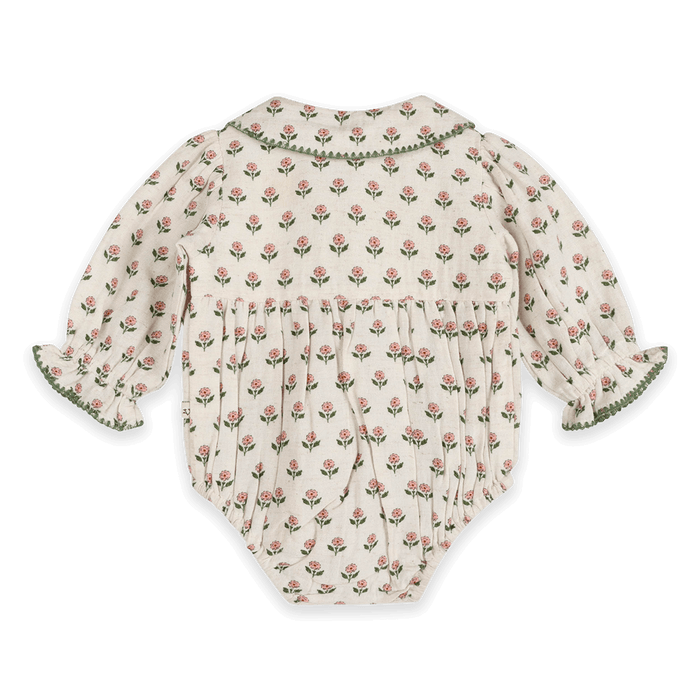 Rosamund Block Print Floral Baby Romper & Headband Set (Organic Cotton) - Back