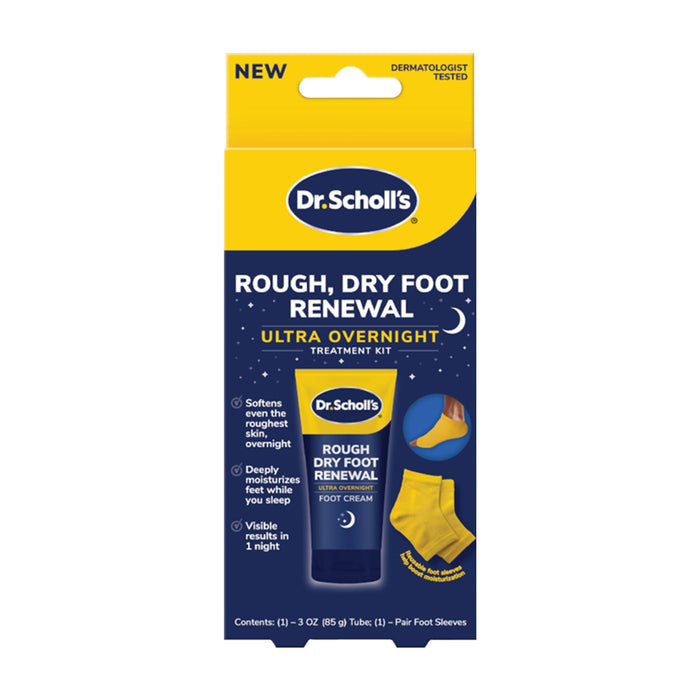 Dr.Scholl's Rough, Dry Foot Renewal Ultra Overnight treatment kit box front.