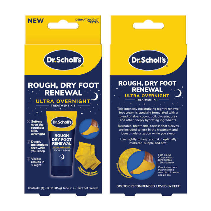 Dr.Scholl's Rough, Dry Foot Renewal Ultra Overnight treatment kit retail packaging.
