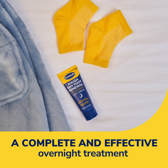 Overnight foot renewal kit with yellow foot sleeves and small blue cream tube.