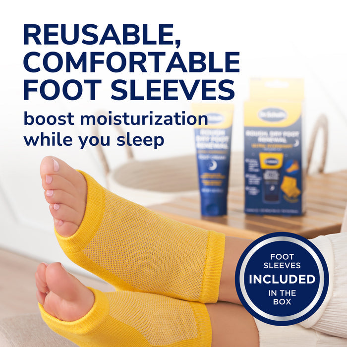 Yellow reusable foot sleeves with overnight foot renewal cream tubes included.