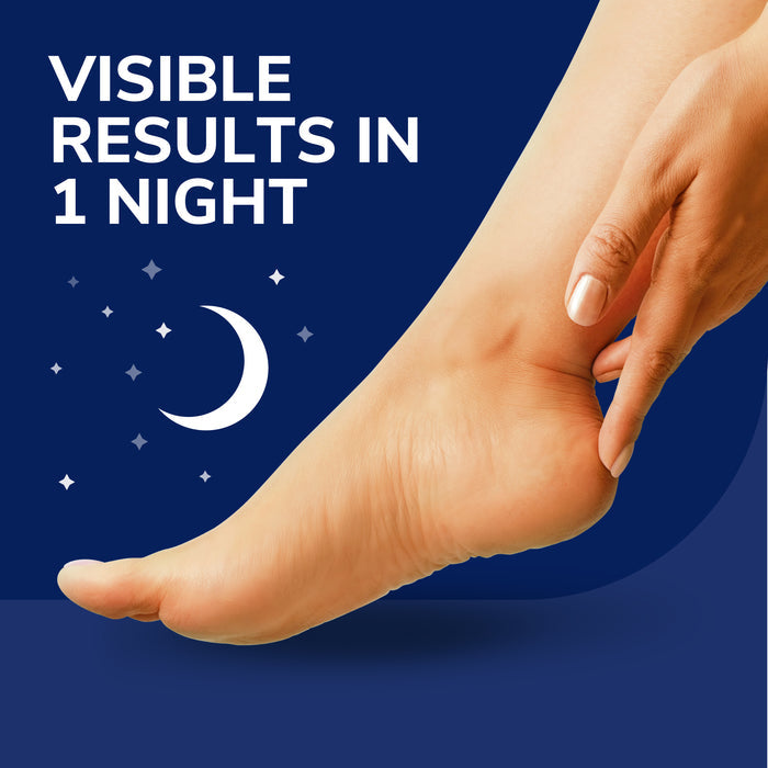 Bare foot being massaged with a moisturizing foot treatment for overnight results.