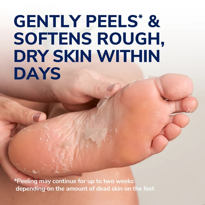 Bare feet with clear mask gel and peeling exfoliated skin, showing heel and toes