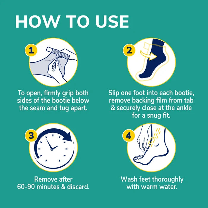 How to use foot mask booties with step diagrams and wash/discard guidance