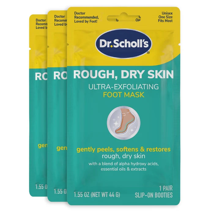 Dr.Scholl's Rough, Dry Skin Ultra-Exfoliating Foot Mask pouch, teal and yellow packaging