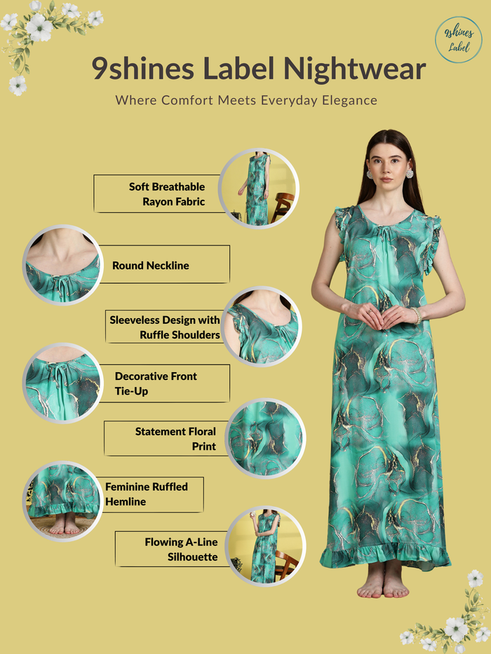 Saheli Floral Sleeveless Nighty for Women in Mist Blue