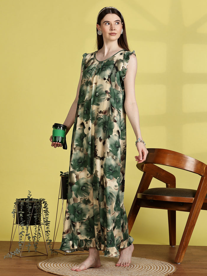 Mist green rayon stylish sleeveless nighty for women