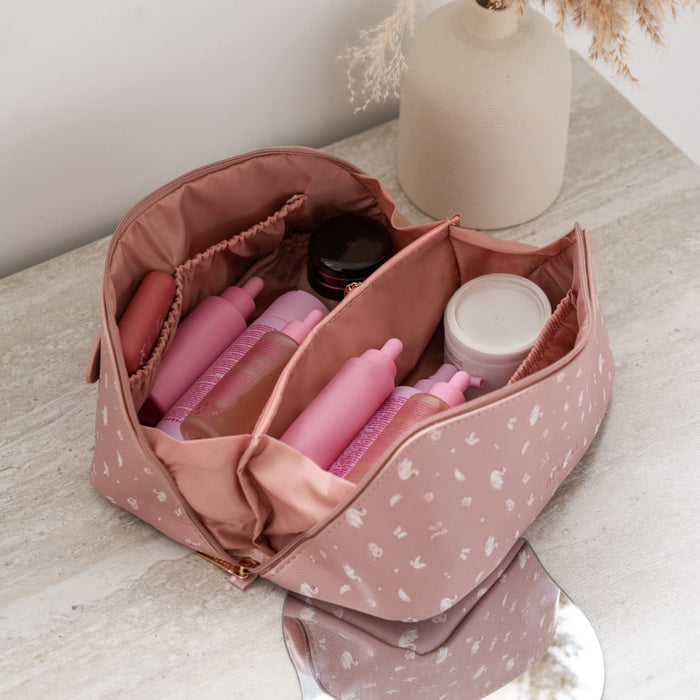 Pink floral-patterned makeup bag