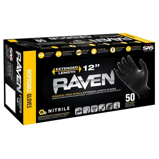 black and yellow rectangle box with the words raven on the front and a black gloved hand